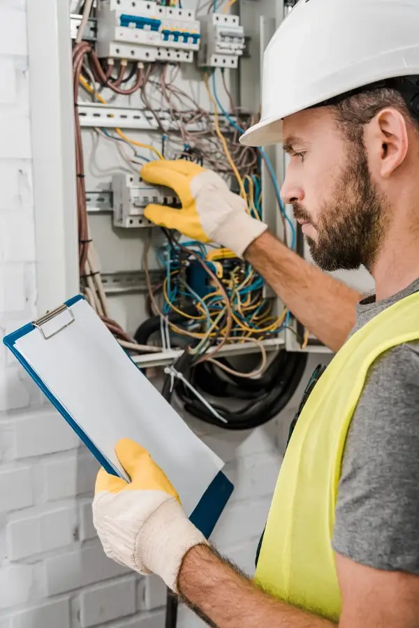 a man wearing a hard hat and gloves holding a clipboard