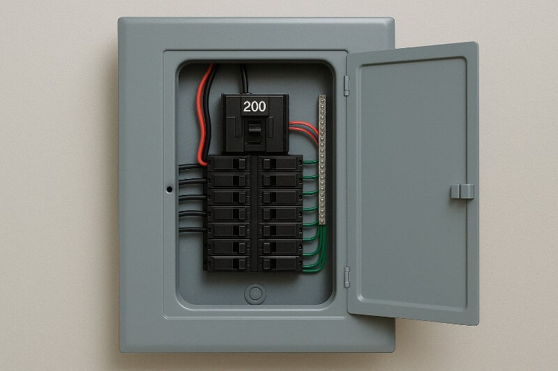 200 amp residential electrical panel installed for home power distribution