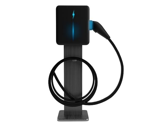 electric car connected to an ev charger in a residential driveway