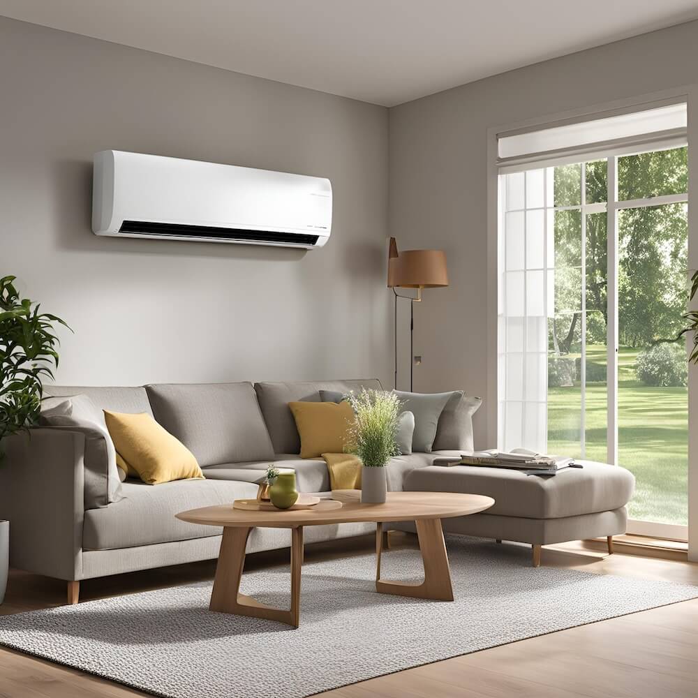 wall-mounted indoor heat pump unit in living room for energy-efficient comfort