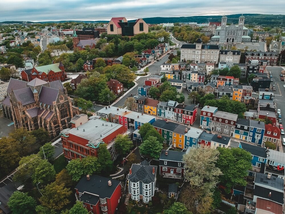 aerial view of a city in newfoundland showcasing urban landscape and buildings