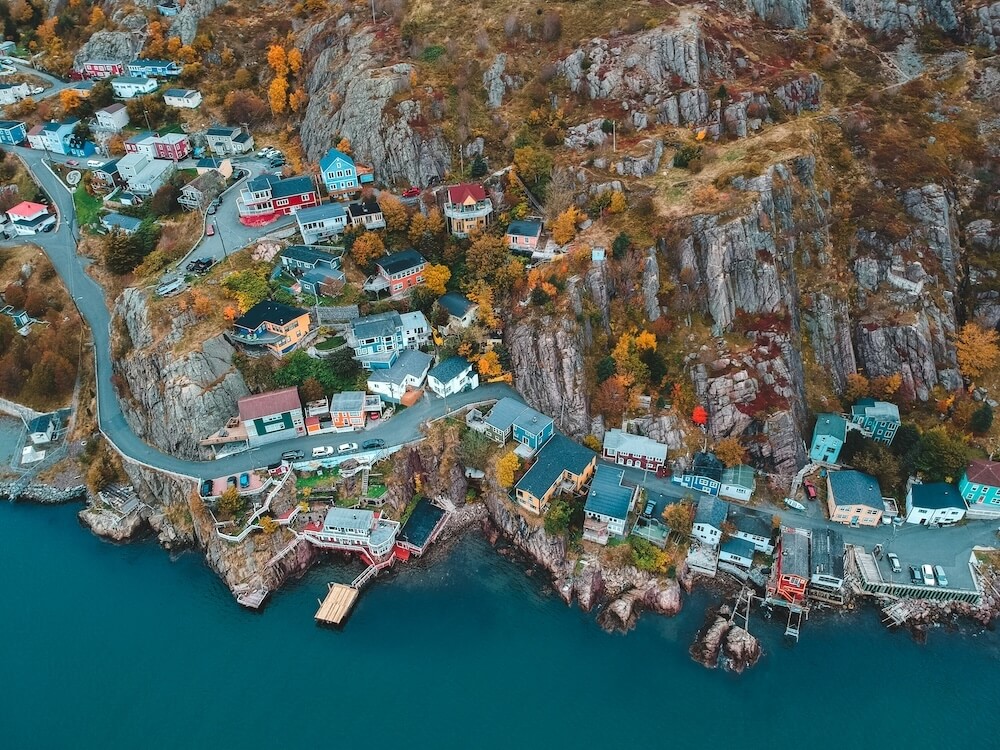 aerial view of newfoundland showing city layout and surrounding natural landscape